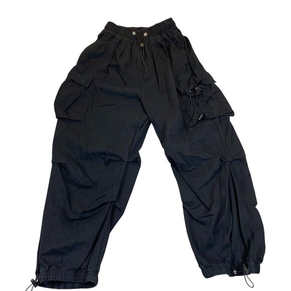 Night City Womens Wide Leg Cargo Pants Small Black Drawstring Cuff Streetwear Ca - Picture 1 of 12